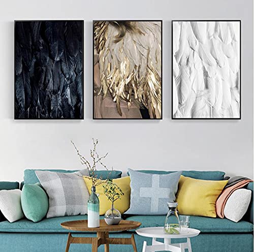 FSLEOVN 3 Stück Nordic Premium Poster Schwarz Weiß Gold Feder Bild auf Leinwand Moderne Wandbilder Goldene Federn Poster Drucke Wandkunst Bilder Rahmenlos (Schwarz Weiß Gold,50x70cm) von FSLEOVN