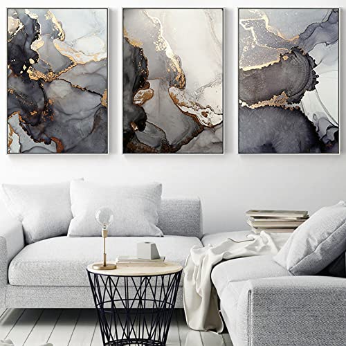 FSLEOVN 3er Abstract Poster Set Marmor Bilder, Blau Schwarz Gold Bild auf Leinwand, Moderne Marmortextur Wandbilder, Aesthetic Bilder Wandposter Rahmenlos (Schwarz-Gold,50x70cm x3) von FSLEOVN