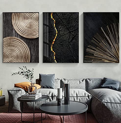 FSLEOVN 3er Abstrakt Poster Set 50x70 cm Schwarz Gold Jahresring Linien Wandbilder Wohnzimmer Abstrakt Bilder Gold Home Decoration Poster Ohne Rahmen (C,40x60cm x3) von FSLEOVN