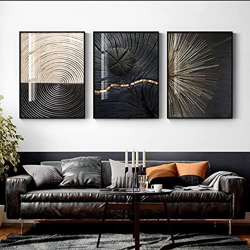 FSLEOVN 3er Design Wandbilder Schwarz Weiß Gold Jahresring Linien Wandkunst Bilder Vintage Linien Poster Set Wohnzimmer Deko Ohne Rahmen (60x90cm) von FSLEOVN