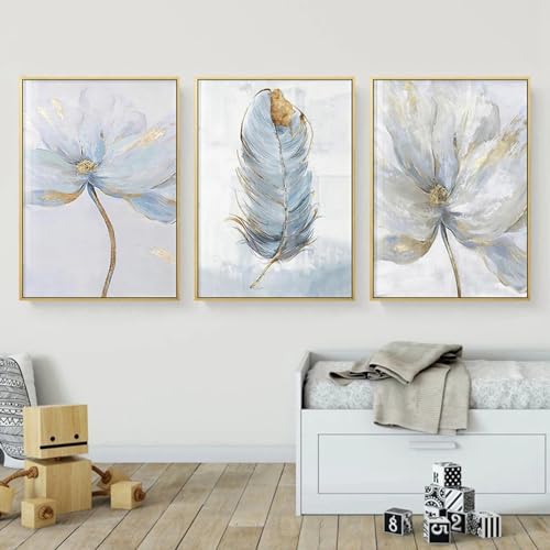 FSLEOVN 3er Poster Set Blau Blume Bilder Nordische Stilvolle Blumen Feder Wandbilder Blau Natur Leinwand Kunstposter Wanddeko Bilder Ohne Rahmen (Blau,50x70cm) von FSLEOVN