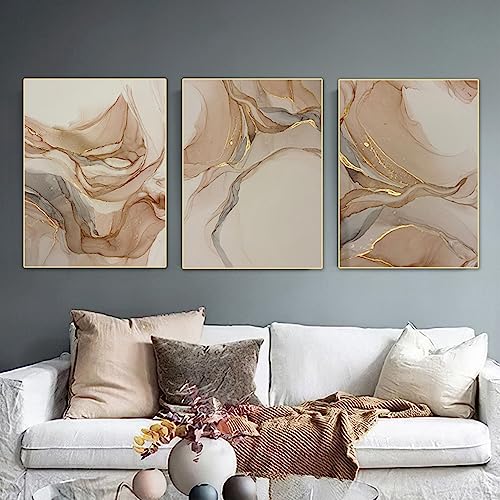 FSLEOVN 3er Premium Poster Set, Beige Gold Bilder, Abstrakt Poster Marmor Beige, Moderne Wandbilder, Bilder Wohnzimmer Deko, Beige Textur Leinwand, Ohne Rahmen (B,60x90cm x3) von FSLEOVN