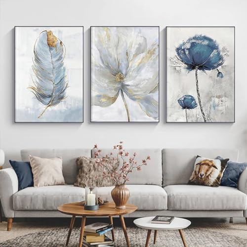 FSLEOVN 3er Set Blau Poster Blumen Aesthetic Bilder Modern Blumen Feder Leinwandbilder Stilvolle Kunstdrucke Wandbilder Wohnzimmer Ohne Rahmen Bilder (50x70cm) von FSLEOVN