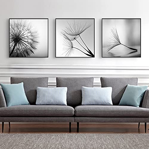 FSLEOVN 3er Set Design Premium Poster Pusteblume Schwarz Weiß Leinwand Modern Löwenzahn Blume Bilder Wohnzimmer Deko Poster Kein Rahmen Wandbild (Schwarz Weiß,40x40cm) von FSLEOVN