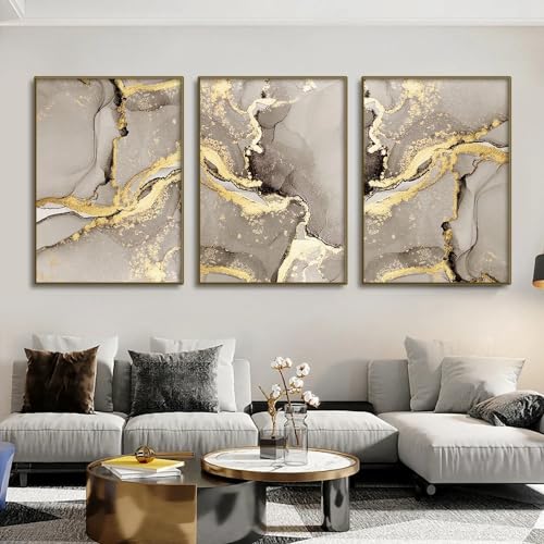 FSLEOVN 3er Set Leinwand Bilder, Beige und Gold, Abstrakte Poster Marmor, Moderne Wohnzimmer Dekor, Luxus Kunstdruck Wand Bilder, Kein Rahmen (B,50x70cm x3) von FSLEOVN