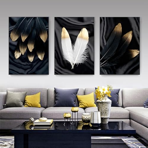 FSLEOVN 3er Set Premium Poster Schwarz Weiß Gold Feder Wandbilder Moderne Wohnzimmer Deko Bild Schwarz Gold Flügel Leinwand Bild No Frame (60x90cm) von FSLEOVN