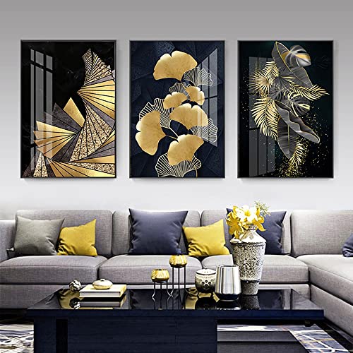 FSLEOVN 3er Set Wandbilder Ginkgo Biloba Leinwand Schwarz golden pflanzenblatt Bild Moderne golden Blätter Poster Rahmenlos (30x40cm) von FSLEOVN