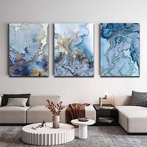 FSLEOVN Abstrakt Blau Gold Marmor Poster Set 3er, Gold Textur Fluid Bild auf Leinwand, Blau Marmortextur Kunstdruck Wanddeko Poster Rahmenlos (Blau Gold,40x60cm) von FSLEOVN