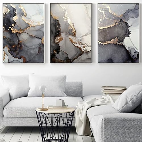 FSLEOVN Abstrakt Leinwand drucke Schwarz Grau Gold Marmor Bilder, Fluid Art Textur Poster, Modern Wandbild Wohnzimmer Leinwandbild Rahmenlos (40 x 60 cm) von FSLEOVN