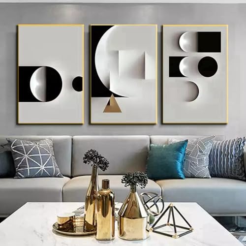 FSLEOVN Abstrakte Bilder Wohnzimmer Leinwand Bilder Geometrische Line Moderne Kunst Poster Schwarz Gold Marmor Wanddekoration Bilder Rahmenlos (D,30x40cm x3) von FSLEOVN