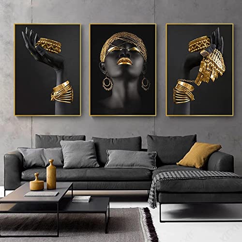 FSLEOVN Abstrakte Schwarz Gold Leinwand Afrika Frau Leinwand Bilder Fashion Leinwandbilder Afrikanische Bild No Framed 3 Stück (40x60cm) von FSLEOVN