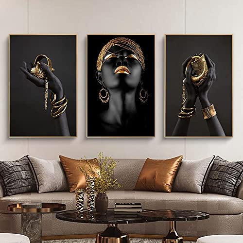 FSLEOVN Afrikanische Frau Leinwand Bilder Gold Lippen Schwarze Hände Leinwandbilder Abstrakte Poster Bilder Home Decor Rahmenlos (A+B+C,20 x 30 cm) von FSLEOVN