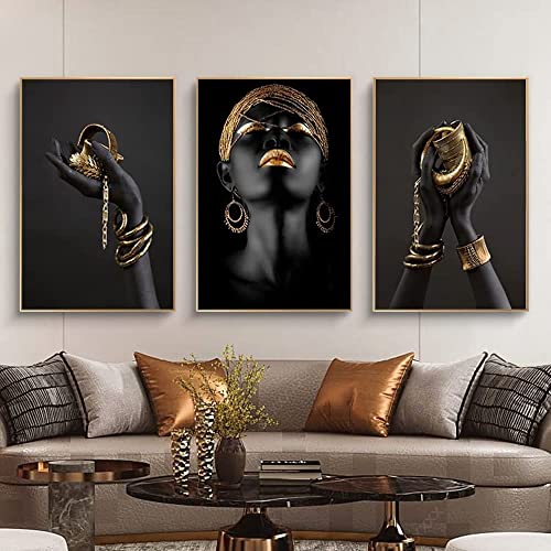 FSLEOVN Afrikanische Frau Leinwand Bilder Gold Lippen Schwarze Hände Leinwandbilder Abstrakte Poster Bilder Home Decor Rahmenlos (A+B+C,30 x 40 cm) von FSLEOVN