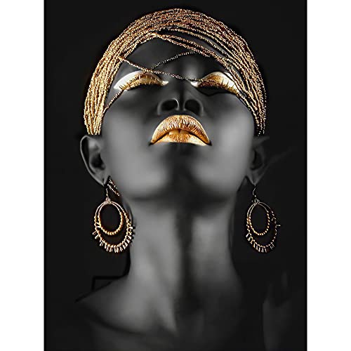 FSLEOVN Afrikanische Frau Leinwand Bilder Gold Lippen Schwarze Hände Leinwandbilder Abstrakte Poster Bilder Home Decor Rahmenlos (B,30 x 40 cm) von FSLEOVN