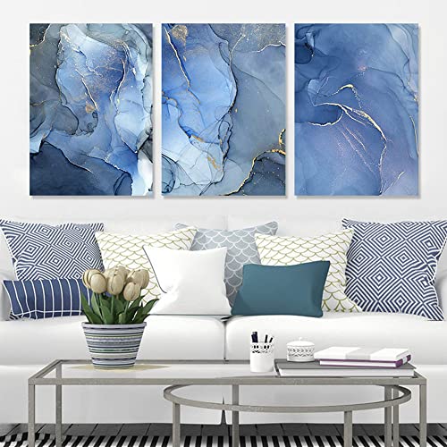FSLEOVN Bild auf Leinwand Blau Gold Marmor Textur Poster Abstrakt Blaue Marmor Leinwand Deko Wohnzimmer Kunstdruck Ohne Rahmen 3er Set (A,60x90cm) von FSLEOVN