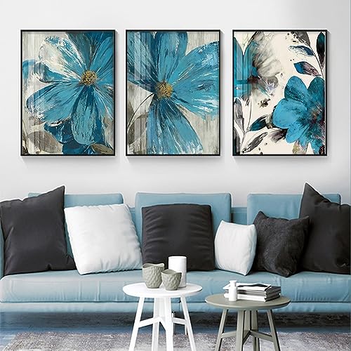 FSLEOVN Nordische Leinwand Bilder, 3 Poster Set Blau Löwenzahn, Modern Blau Blumen Pflanzenblatt Bild Wandbild, Home Deko Bilder Blau, Ohne Rahmen (B,50x70cm x3) von FSLEOVN