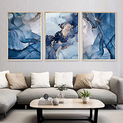 FSLEOVN Nordische Leinwandbilder Abstrakt Blau Gold Marmor Wandbilder Blau Textur Moderne Leinwand Bild Luxus Kunstdruck Poster 3er Set Kein Rahmen (C,50x70cm x3) von FSLEOVN