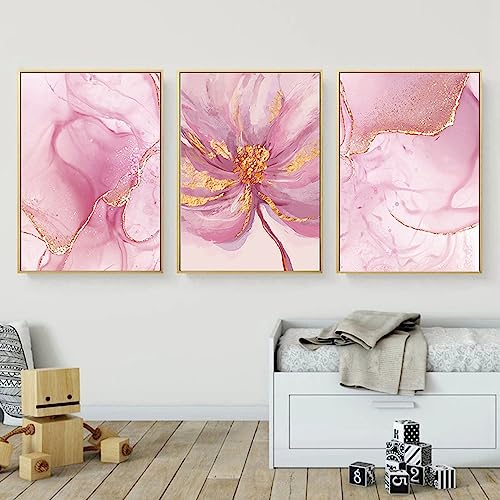 FSLEOVN Nordische Poster Moderne Rosa Gold Leinwand Abstrakt Marmor Bilder Rosa Blumen Bild und Drucken Gold Textur Poster Set 3er Kein Rahmen (Rosa und Gold,40x60cm) von FSLEOVN