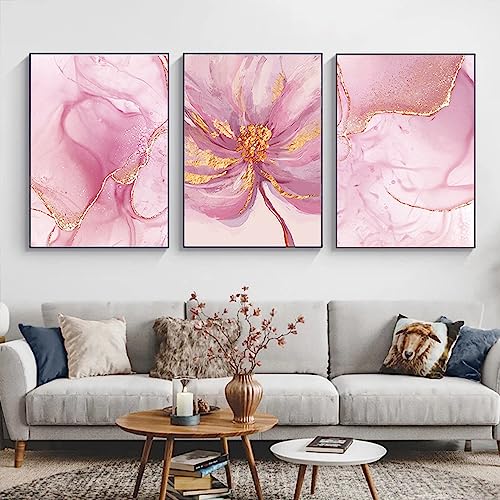 FSLEOVN Rosa und Gold Marmor Leinwand, Abstrakte Blumen Wandbilder, Luxus Marmor Rosa Bild auf Leinwand Wohnzimmer Dekor Golden Poster, Rahmenlos (40x60cm,Rosa und Gold) von FSLEOVN