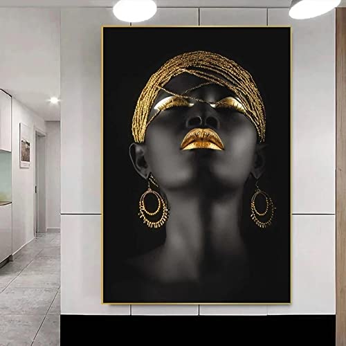 FSLEOVN Schwarz Gold Bilder Afrikanische Frauen Bild Auf Leinwand mit Goldene Lippen Bilder Schwarz Afrika Frau Poster Groß Wohnzimmer Wandbild No Framed (Schwarz Gold,60x120cm) von FSLEOVN