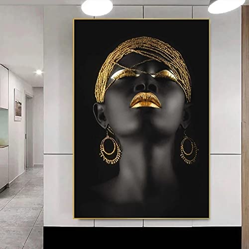 FSLEOVN Schwarz Gold Bilder Afrikanische Frauen Bild Auf Leinwand mit Goldene Lippen Bilder Schwarz Afrika Frau Poster Groß Wohnzimmer Wandbild No Framed (Schwarz Gold,70x140cm) von FSLEOVN