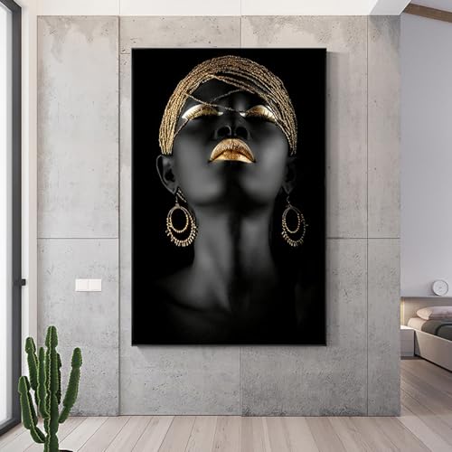 FSLEOVN Schwarze Frau Bilder Auf Leinwand Abstrakte Schwarz Gold Leinwandbilder Afrikanische Frauen Wandbilder XXL Wanddekoration No Framed (Schwarz Gold,30x60cm) von FSLEOVN