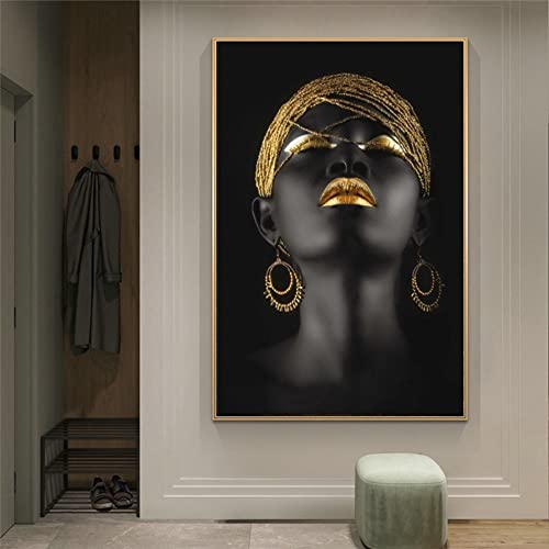 FSLEOVN Schwarze Frau Leinwand,Abstrakte Gold Lippen Bilder, Schwarz Gold Afrikanische Frauen Poster, Moderne Leinwandbilder Groß Bild Rahmenlos (Schwarz Gold,60x120cm) von FSLEOVN
