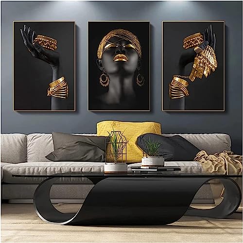 Leinwandbild Afrikanische Fraue Schwarz Gold Bilder Schwarze Hände mit Gold Lippen Leinwand Afrika Frau Kunst Poster Kein Rahmen x3 (Schwarz Gold,40x80cm) von FSLEOVN