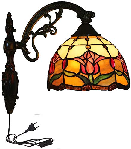 FSLIVING Tiffany Style Wandleuchte Glas Bunter Blumenschirm mit CE-Steckerkabel Für Schlafzimmer, Glühbirne nicht im Lieferumfang enthalten von FSLIVING