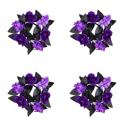 4 Stück Künstlicher Kerzenring mit violetten Rosen, Schwarze Blätter, Tischkranz, dekorativer Blumenhalter, Herbst, Heimdekoration, Innen- und Außenbereich Halloween deko (Lila) von FSLLWGWG