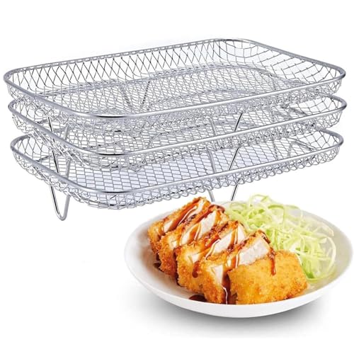 Heißluftfritteuse Zubehör,Dreifach Edelstahl Air Fryer Racks Korb, Stapelbar Luftfritteuse Racks Heißluftfritteuse Racks Luftfritteuse Korb Air Fryer Tray Grillrost Rack (Silber) von FSLLWGWG