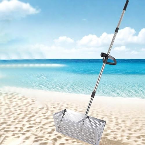 Sand-Flohhharke,Sandflohharke Groß Edelstahl Strandsand Sieb mit 141cm Langem Griff und 40x18cm Korb , Faltbarer Sandflöhefänger für Reisen, Abnehmbarer Strand-Sandsieb (Silber) von FSLLWGWG