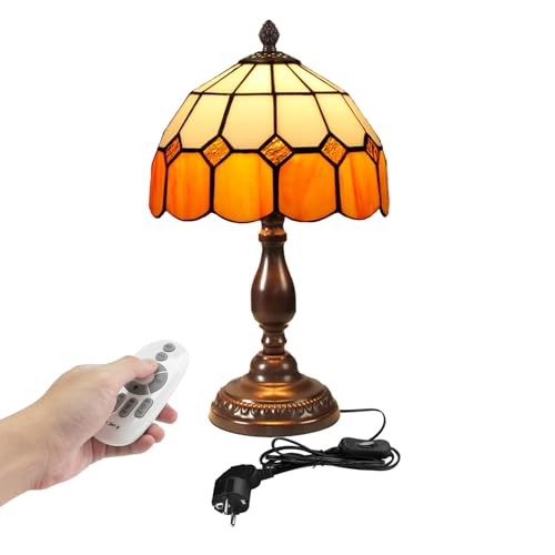 FSLiving Dimmbar Nachttischlampe mit Kabelschalter und Fernsteuerung, Lampenschirm aus Glas, Tiffany-Stil Leselicht Nachttischlampe Tischlampe, 1x E27, Schreibtischlampe TD0528 von FSLiving