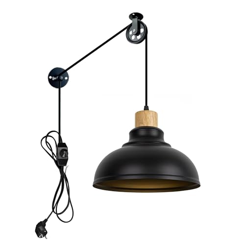 FSLiving Dimmbar Pendelleuchte mit Lampenschirm aus Metall,Steckerfertiger Kronleuchter mit Steckerkabel und Riemenscheibe, E27 Fassung Hängende Leuchte für Schlafzimmer, 30cmx16cm - TB2865 von FSLiving
