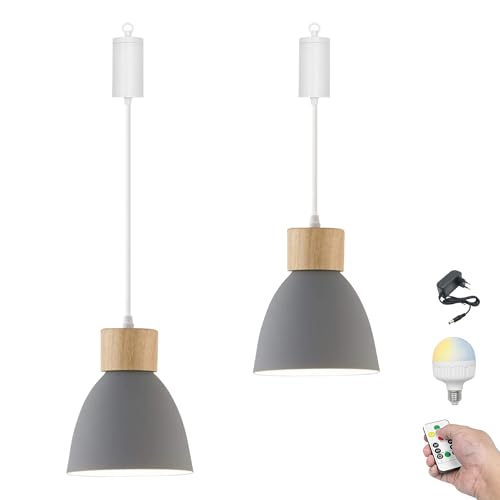 FSLiving Dimmbare Hängelampe mit Batterie Innen,2er-Satz Modern Eisen Hängeleuchte Batteriebetriebene Lampe, Pendelleuchte ohne Strom Stromanschluss für Küche Nachttischcafé,Grau von FSLiving
