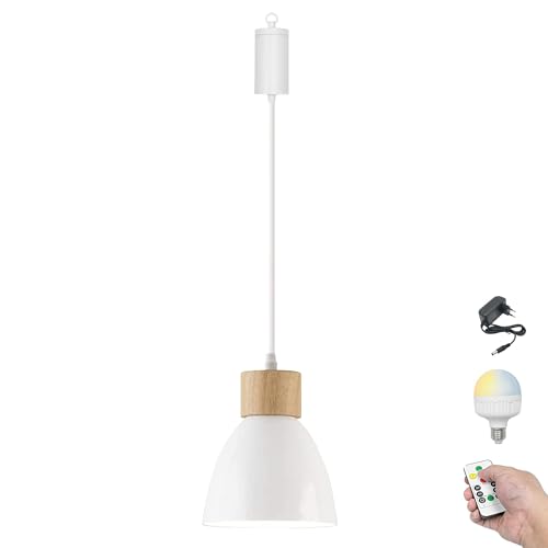 FSLiving Dimmbare Hängelampe mit Batterie Innen,2er-Satz Modern Eisen Hängeleuchte Batteriebetriebene Lampe, Pendelleuchte ohne Strom Stromanschluss für Küche Nachttischcafé,Weiß von FSLiving