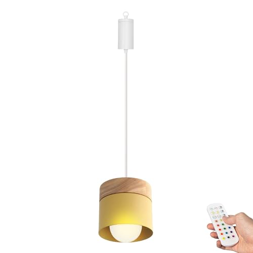 FSLiving Dimmbare Hängelampe mit Batterie Innen,2er-Satz Modern Metall Hängeleuchte Batteriebetriebene Lampe, Pendelleuchte ohne Strom Stromanschluss für Küche Nachttischcafé,Gelb von FSLiving