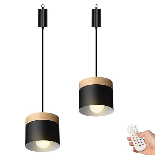 FSLiving Dimmbare Hängelampe mit Batterie Innen,2er-Satz Modern Metall Hängeleuchte Batteriebetriebene Lampe, Pendelleuchte ohne Strom Stromanschluss für Küche Nachttischcafé,Schwarz von FSLiving