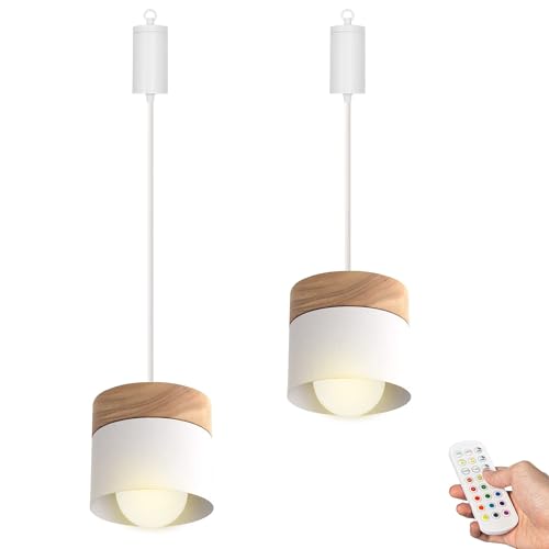 FSLiving Dimmbare Hängelampe mit Batterie Innen,2er-Satz Modern Metall Hängeleuchte Batteriebetriebene Lampe, Pendelleuchte ohne Strom Stromanschluss für Küche Nachttischcafé,Weiß von FSLiving