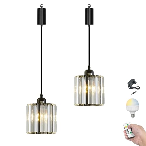 FSLiving Dimmbare Hängelampe mit Batterie Innen,2er-Satz Retro Kristall Hängeleuchte Batteriebetriebene Lampe, Pendelleuchte ohne Strom Stromanschluss für Küche Nachttischcafé, Schwarz FSLiving Dimmbare Hängelampe mit Batterie Innen,2er-Satz Retro Kristall Hängeleuchte Batteriebetriebene Lampe, Pendelleuchte ohne Strom Stromanschluss für Küche Nachttischcafé, Schwarz von FSLiving