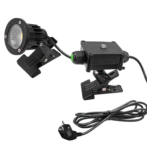 FSLiving LED-Klemmleuchte 12W mit 3m Kordel und Lichtsensor, LED Strahler Außen mit Klammer, IP65 Wasserdicht LED Spots warmes Weiß für Hinterhof, Garage, Flur, Poolbeleuchtung,schwarz(HWD0247) von FSLiving