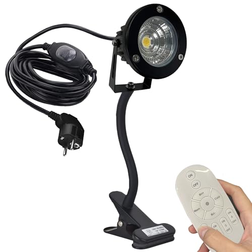 FSLiving LED-Klemmleuchte 7W mit 3m Kordel und Fernsteuerung,Dimmbar LED Strahler Außen mit Klammer,Schwanenhals, IP65 Wasserdicht LED Spots für Hinterhof, Garage, Flur,schwarz(TD0234) von FSLiving