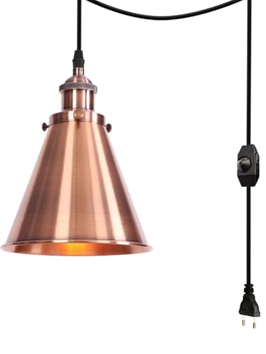 FSLiving Pendelleuchte mit Eisenschirm, steckerfertiger Kronleuchter mit 4 m CE-geschaltetem Dimmer-Steckerkabel, ohne Leuchtmittel, Kupfer-Rot, 18cm im Durchmesser,1-Leuchte von FSLiving
