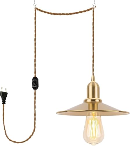 FSLiving Pendelleuchte mit Eisenschirm, steckerfertiger Kronleuchter mit 4 m CE-geschaltetem Dimmer-Steckerkabel, ohne Leuchtmittel,Goldenes Metall, 22cm im Durchmesser von FSLiving