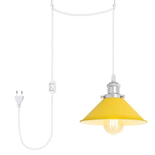 FSLiving Pendelleuchte mit Eisenschirm, steckerfertiger Kronleuchter mit 4 m CE-geschaltetem Dimmer-Steckerkabel, ohne Leuchtmittel,Macaron-Gelb, 22cm im Durchmesser von FSLiving
