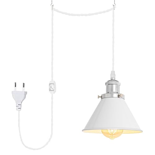 FSLiving Pendelleuchte mit Eisenschirm, steckerfertiger Kronleuchter mit 4 m CE-geschaltetem Dimmer-Steckerkabel, ohne Leuchtmittel,Macaron-Weiß, 18cm im Durchmesser von FSLiving