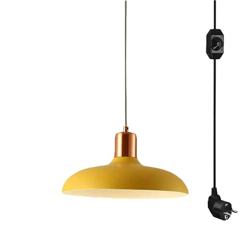 FSLiving Pendelleuchte mit Eisenschirm,Makrone Gelb,30cm im Durchmesser, steckerfertiger Kronleuchter mit 4 m CE-geschaltetem Dimmer-Steckerkabel,Schwarzblau von FSLiving