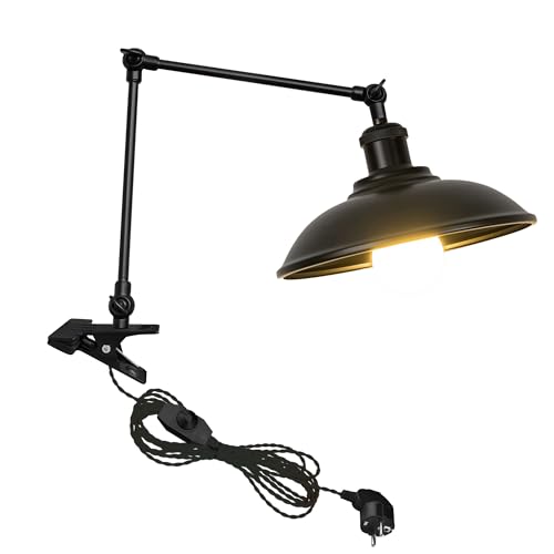 FSLiving Retro Klemmleuchte,1 Packung Leselampe mit 2,5 m Kabel, Dimmbar Schwarz Nachttischlampe,Augenpflege Schreibtischlampe für Büro Heimgebrauch, E27 Lampenhalterung - TB2775 von FSLiving