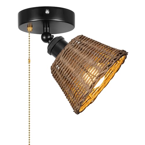FSLiving wohnmobil beleuchtung 12V,Braunes Rattan Dimmbar Deckenleuchte,Innenbeleuchtung mit E27-Fassung, Metall Lampenschirm für Wohnmobilen Boot Camper Van - XDD779 von FSLiving