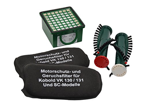 SET Hygienefeinfilter + 2 Geruchsfilter Aktivkohlefilter geeingnet für Vorwerk Kobold VK 130 oder 131 auch SC + 1 Paar Ersatzbürsten geeignet für Elektroteppichbürste EB 350 351 340 von FSProdukte